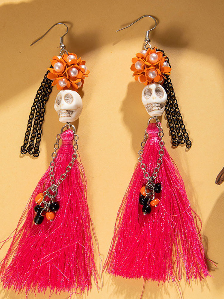 Halloween Skull Tassel Beaded Earrings