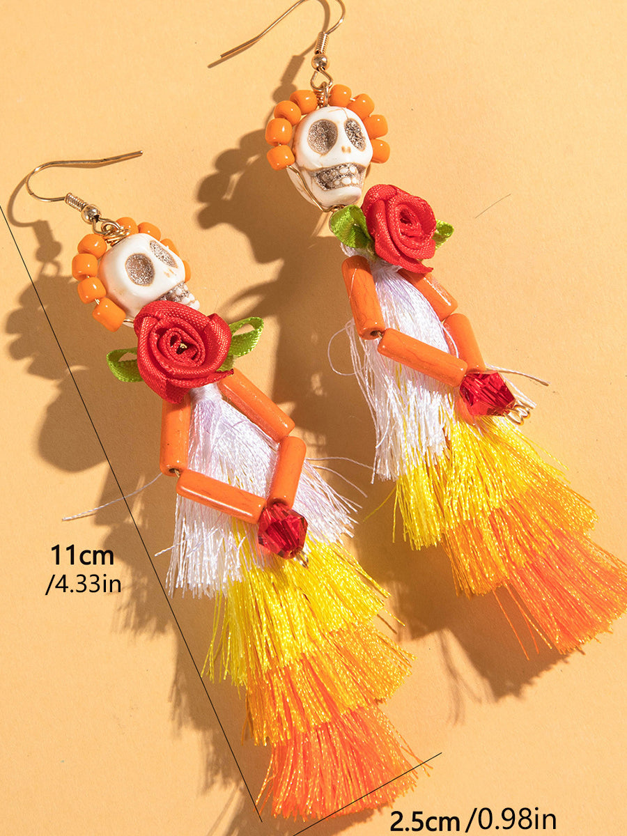 Halloween Skull Tassel Beaded Earrings