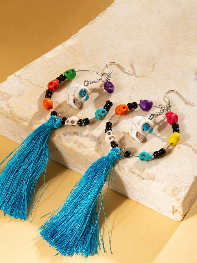 Halloween Skull Tassel Beaded Earrings