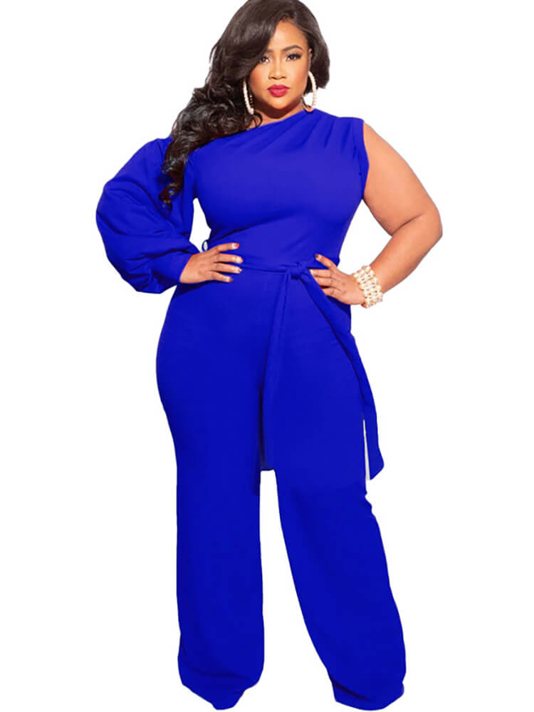 Plus Size Puff Sleeve Belted Wide Leg Pant Jumpsuit