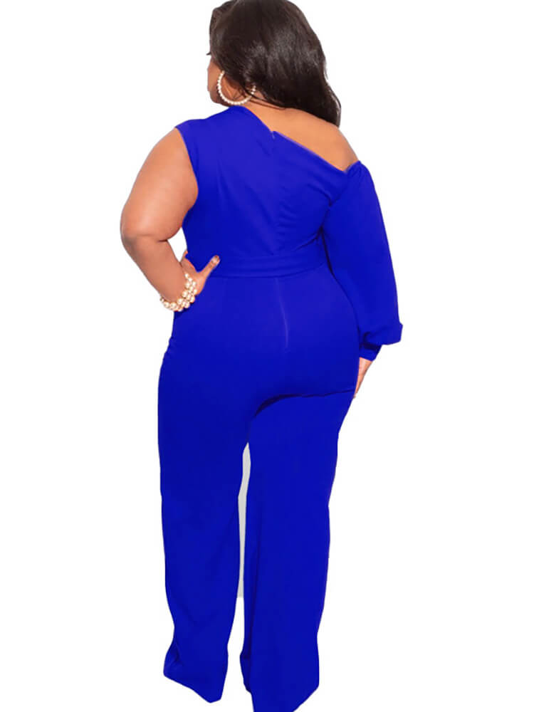 Plus Size Puff Sleeve Belted Wide Leg Pant Jumpsuit