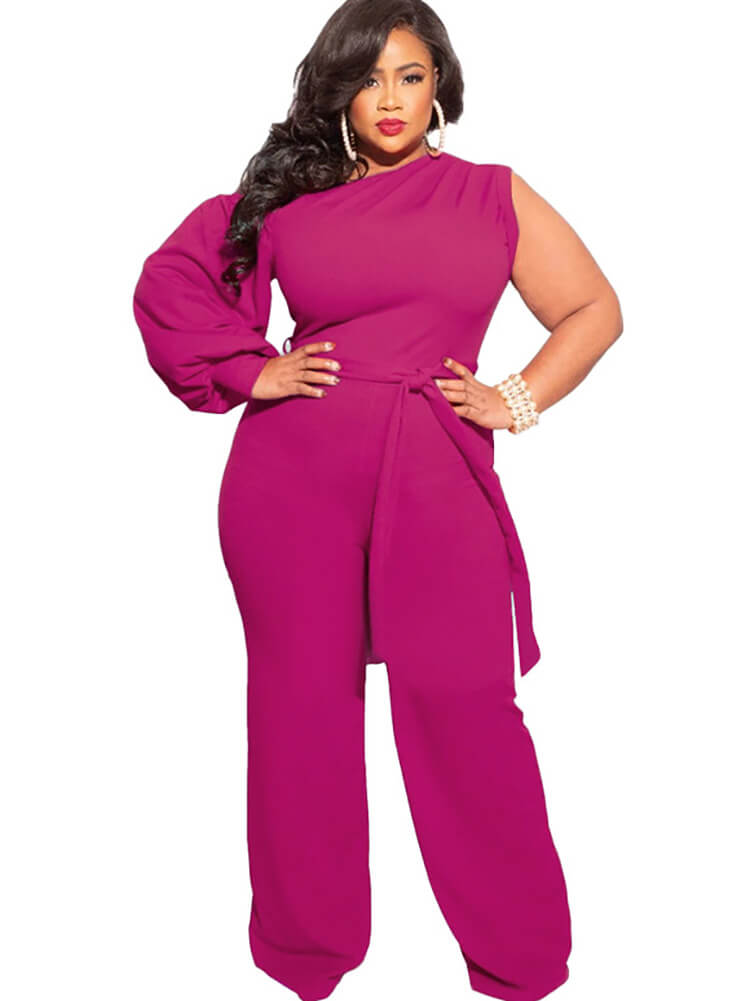 Plus Size Puff Sleeve Belted Wide Leg Pant Jumpsuit