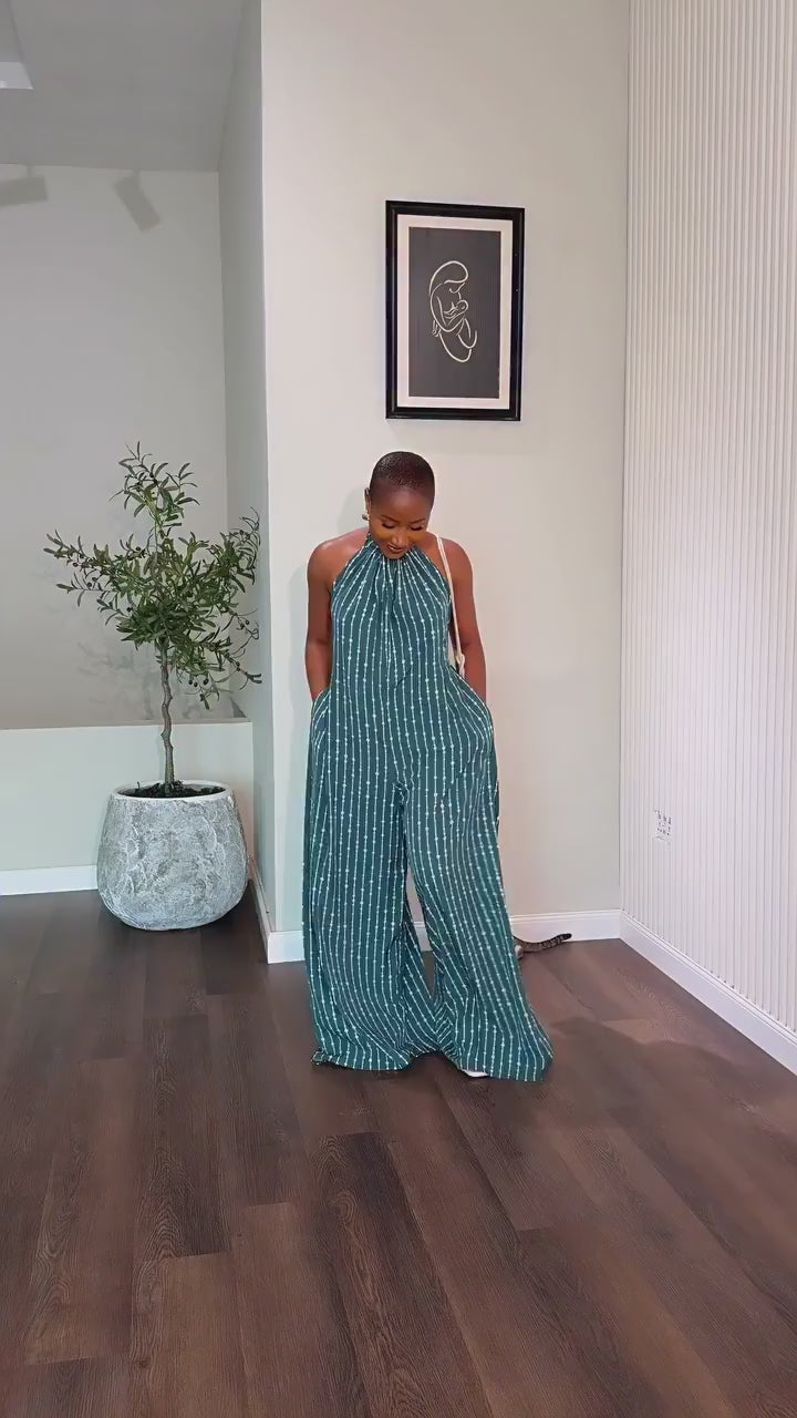 Halter Backless Stripe Wide Leg Jumpsuit