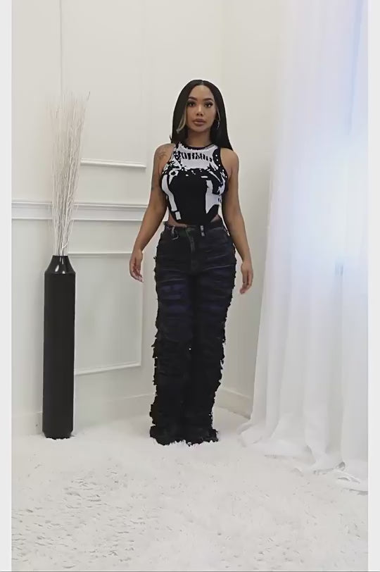 High Waist Distressed Layered Denim Pants