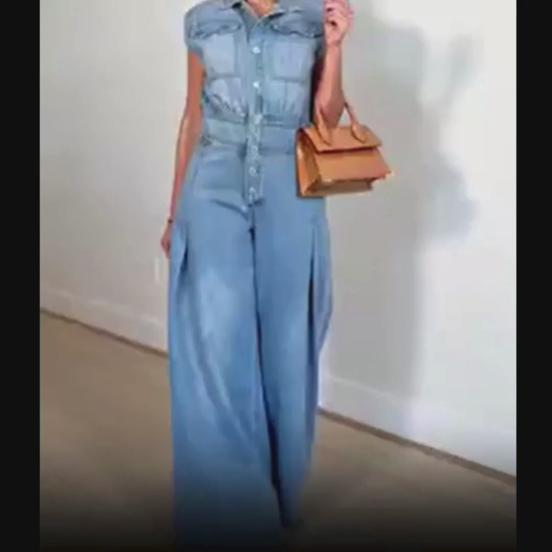 Sleeveless Button Denim Wide Leg Jumpsuit