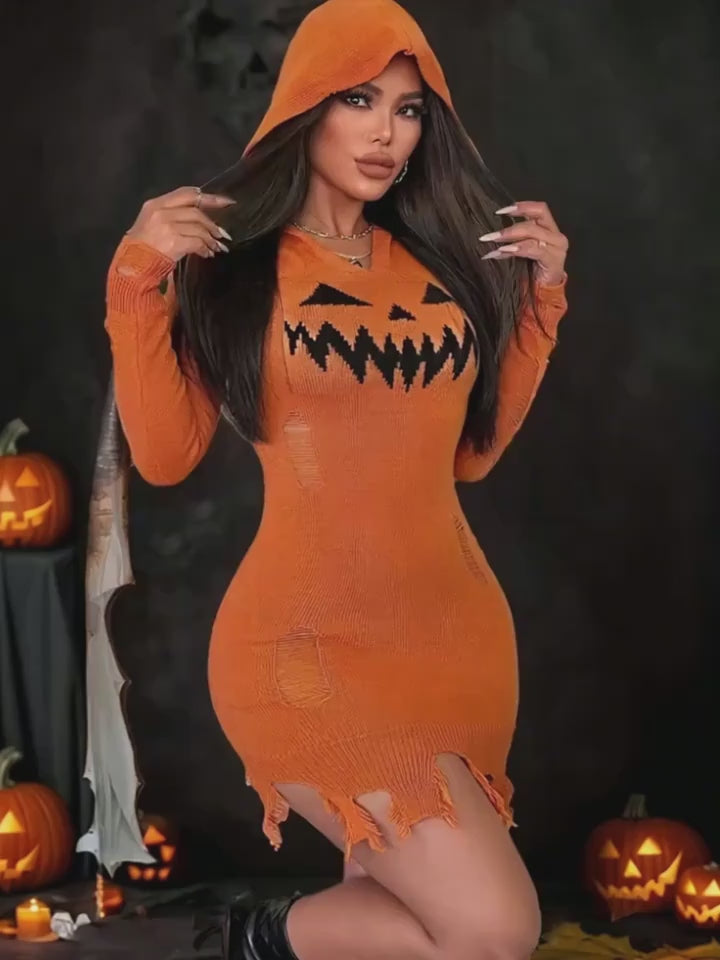 Halloween Pumpkin Ripped Knit Hoodie Dress