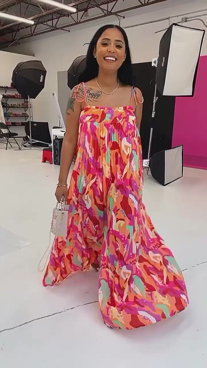 Strap Pleated Wide Leg Printed Jumpsuit