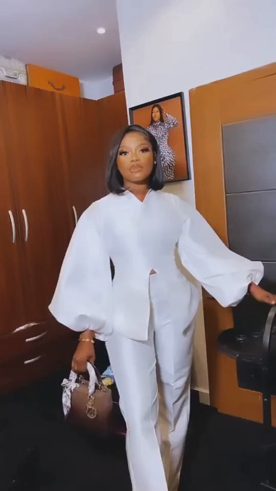 Puff Sleeve Slit Top Pants Set