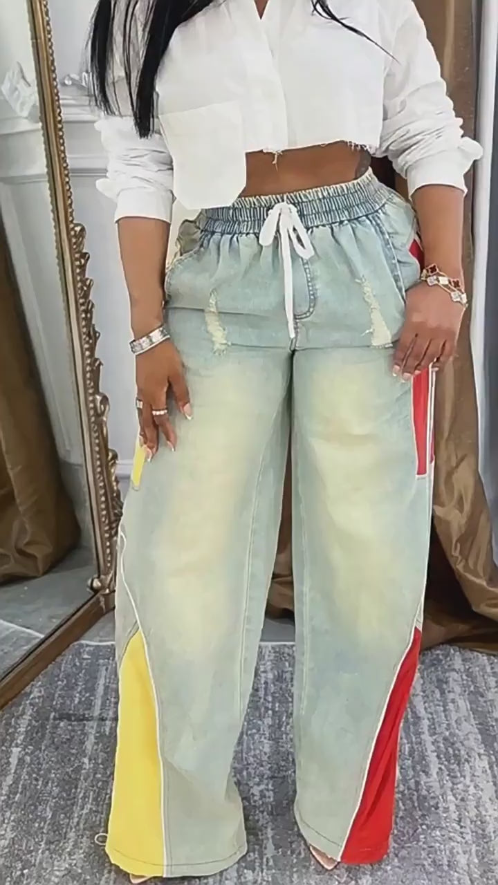 Drawstring High Waist Color Block Jeans