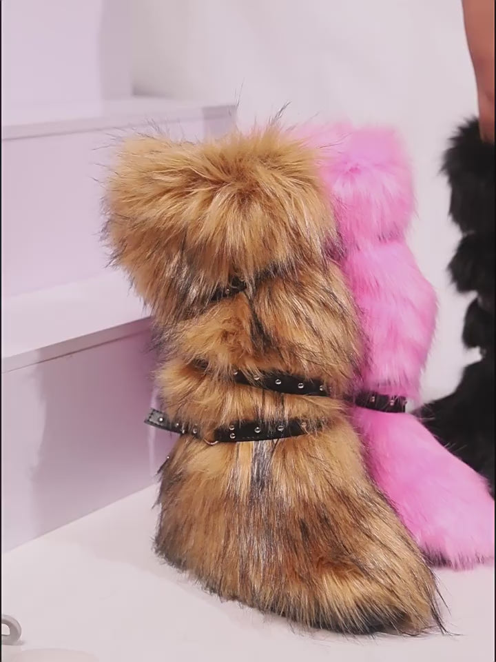 Y2K Faux Fur Cross Strap Buckle Boots