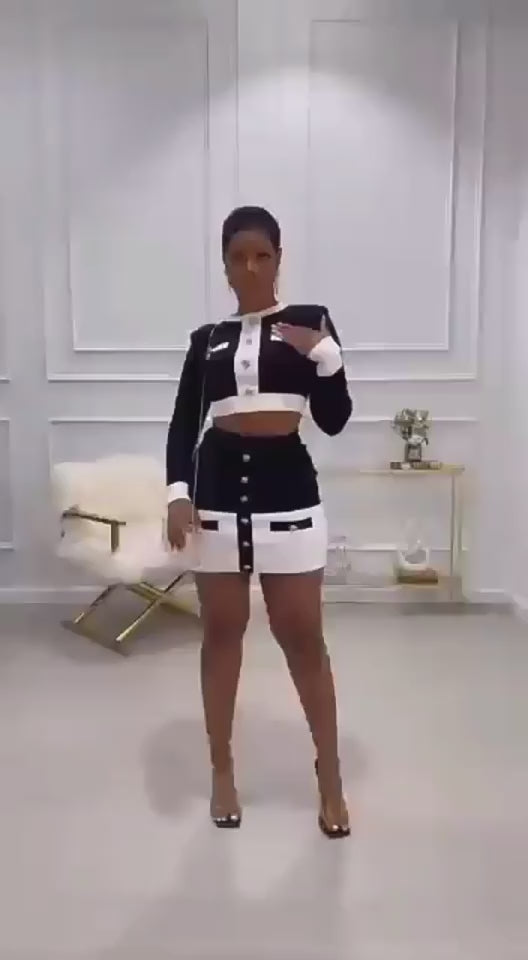 Two Pieces Color Block Button Front Skirt Set