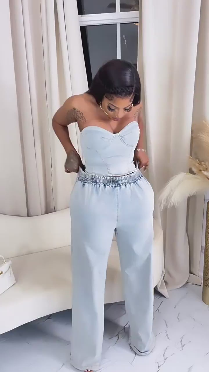 Strapless Elastic Waist Denim Sets