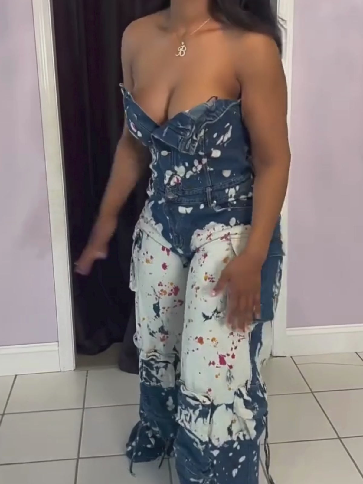 Strapless Color Paint Cargo Denim Jumpsuit