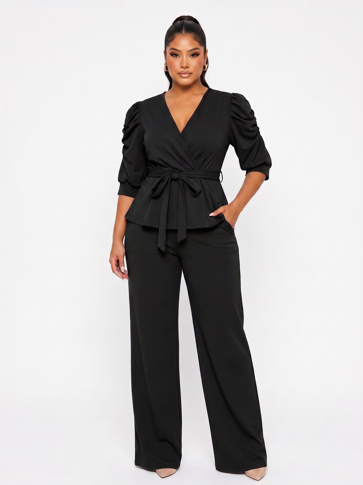 Puff Sleeve Top Wide Leg Pants Set