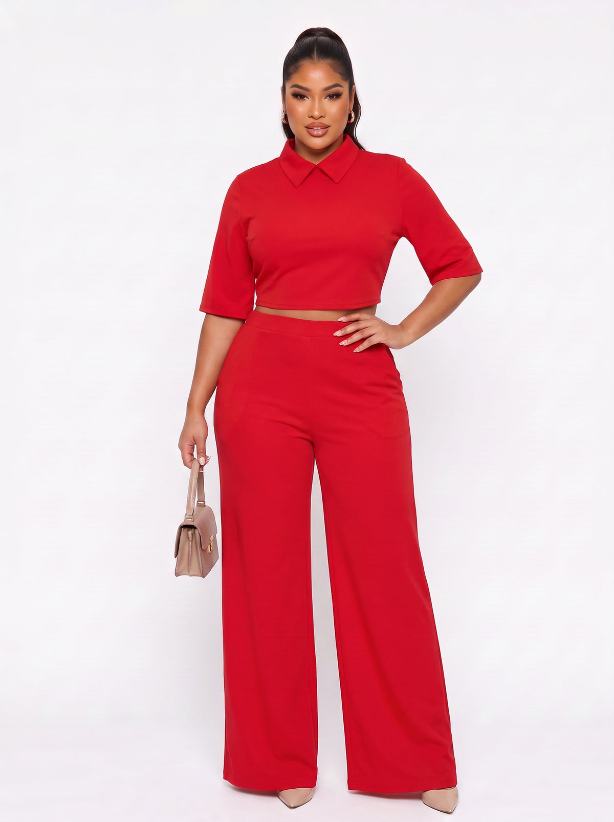 Lapel Batwing Sleeve Wide Leg Pants Set