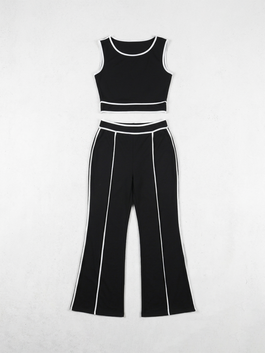 One Shoulder Stripe Trim Wide Leg Pants Set