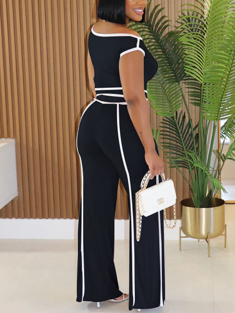 One Shoulder Stripe Trim Wide Leg Pants Set