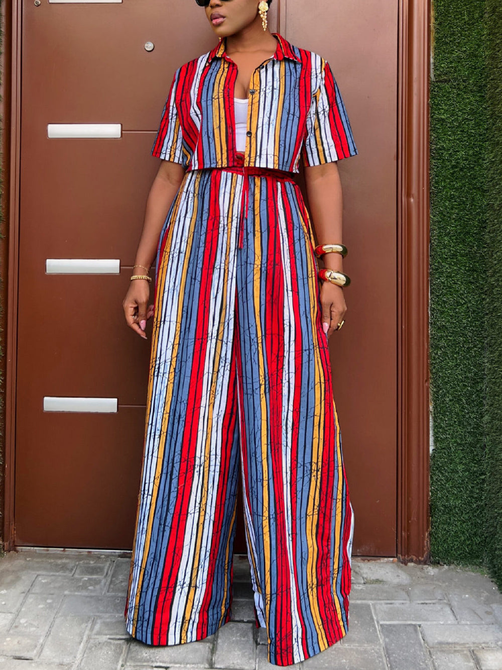 Striped Shirt Wide Leg Pants Set