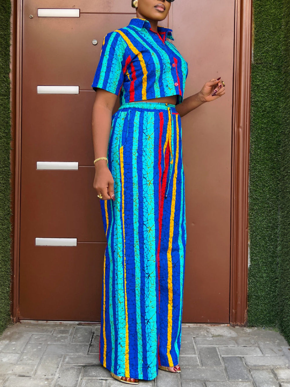 Striped Shirt Wide Leg Pants Set