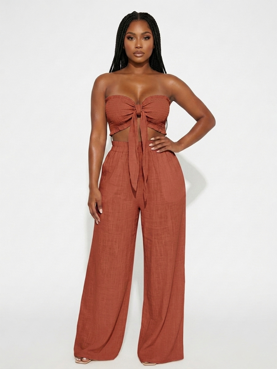 Knot Front Crop Top Wide Leg Pants Set