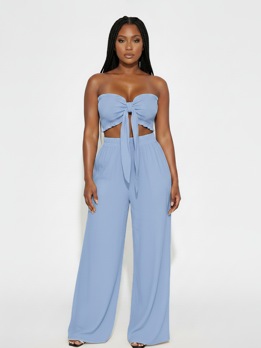 Knot Front Crop Top Wide Leg Pants Set