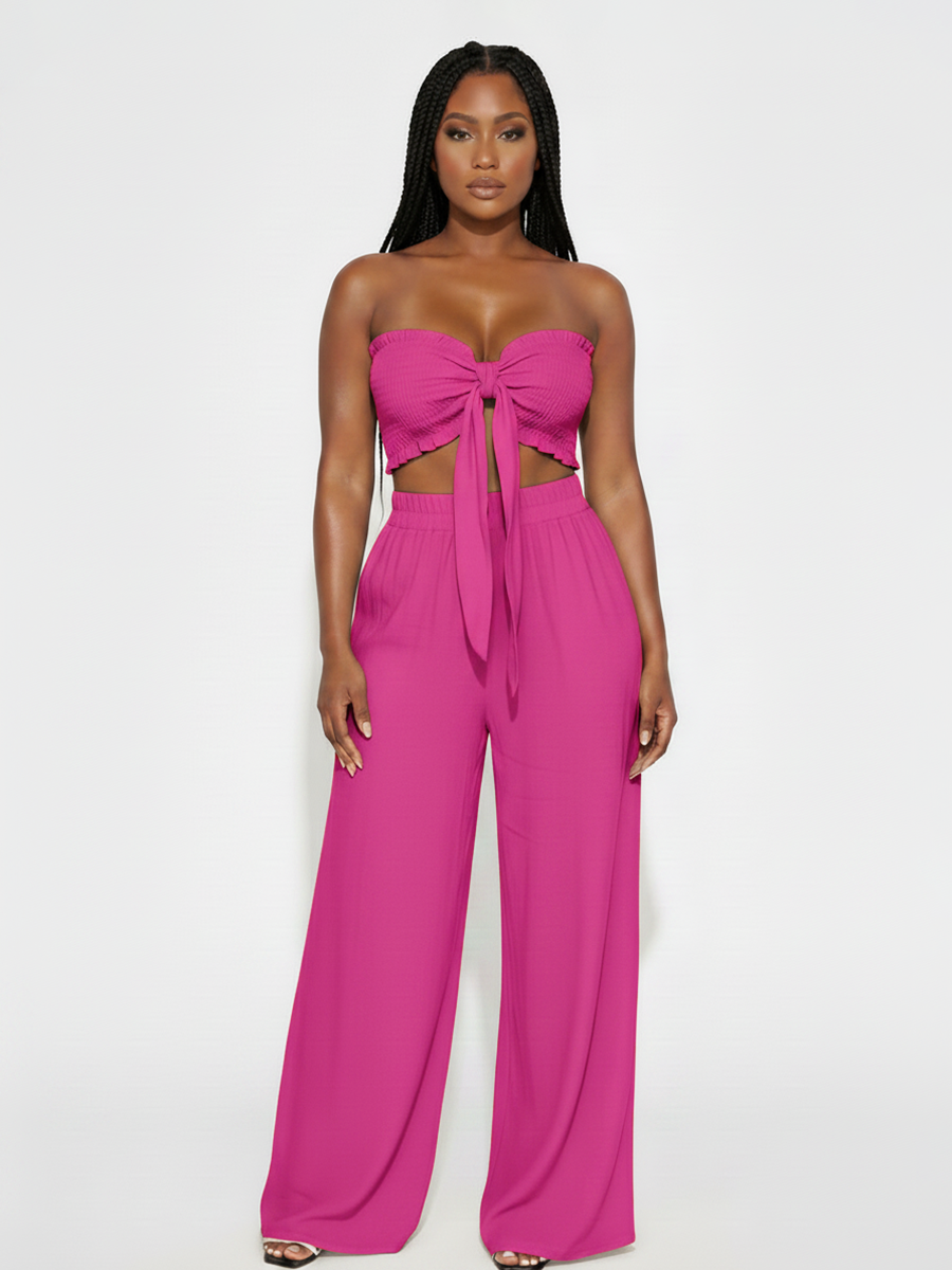 Knot Front Crop Top Wide Leg Pants Set