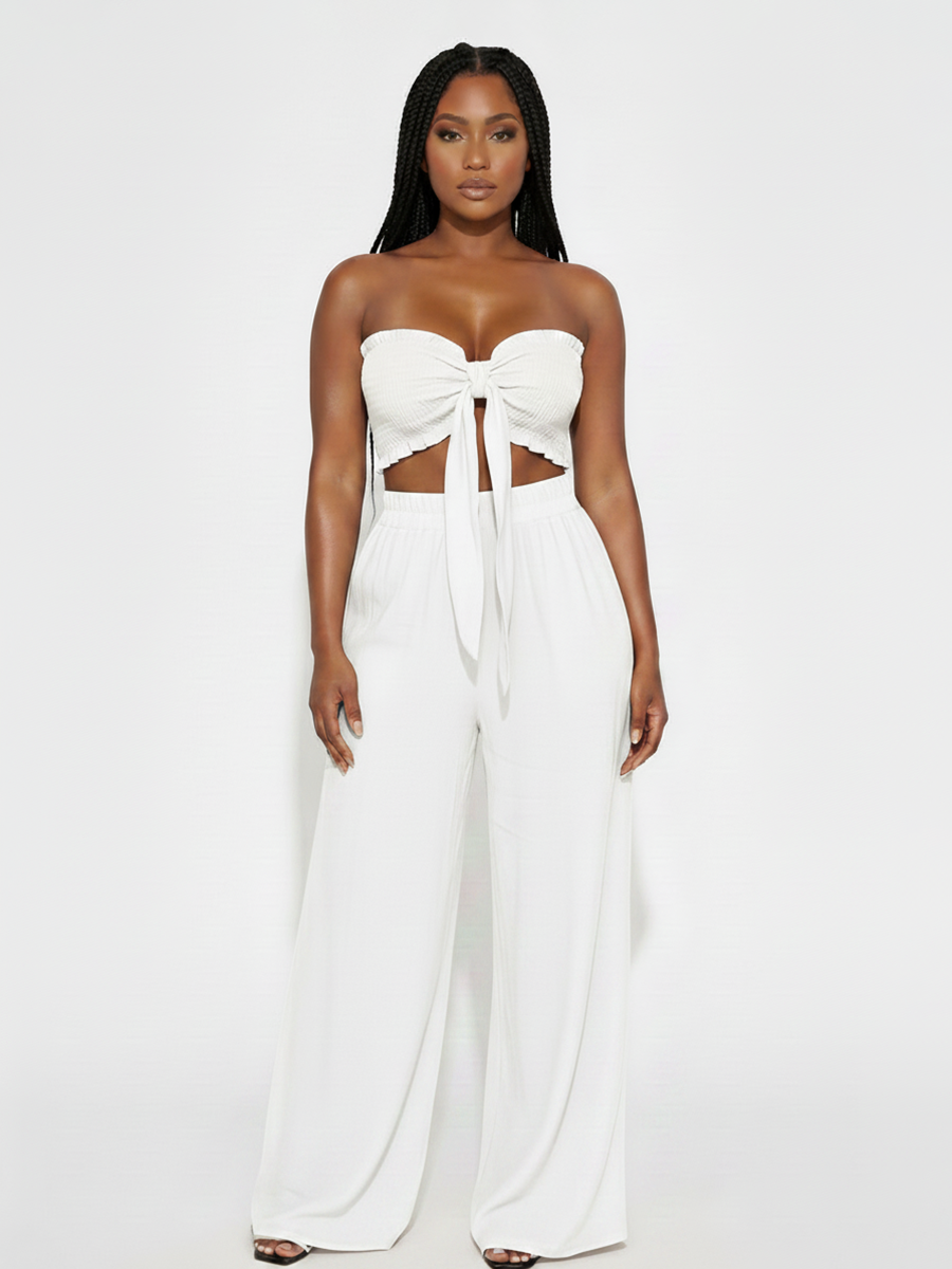 Knot Front Crop Top Wide Leg Pants Set