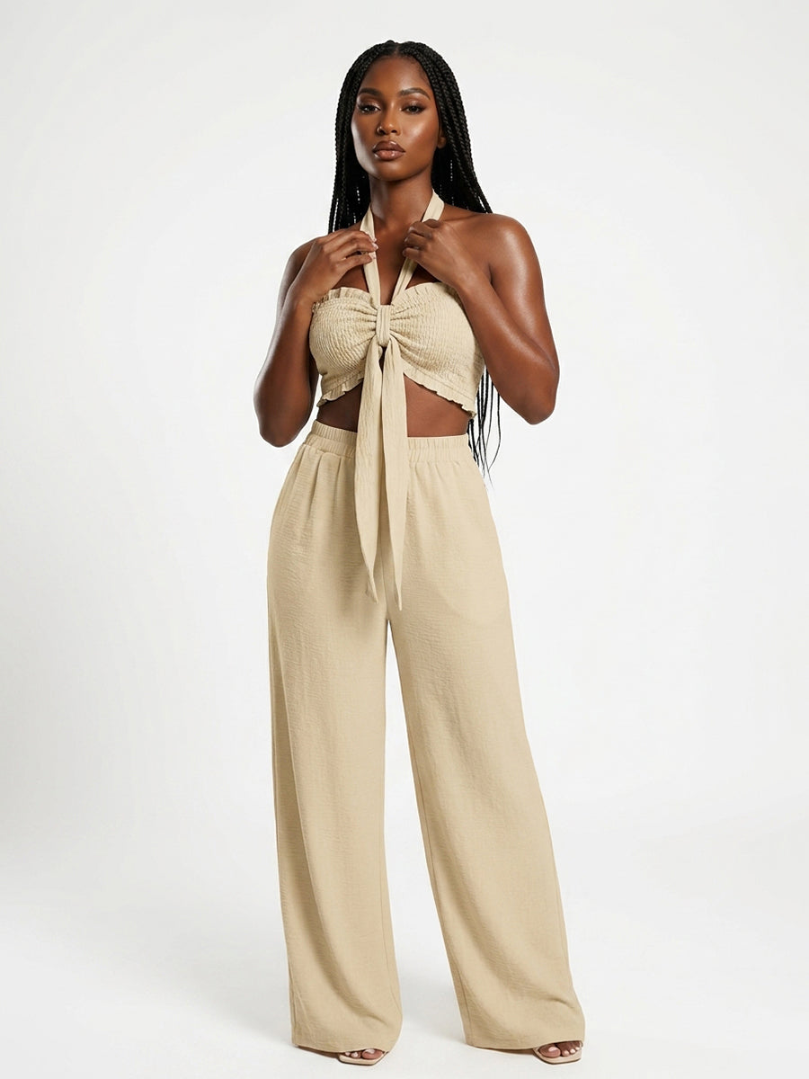 Knot Front Crop Top Wide Leg Pants Set