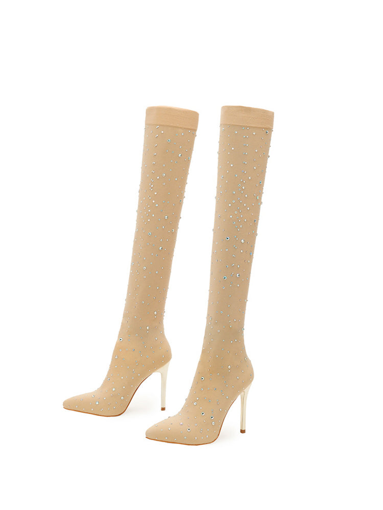 Rhinestone Embellished Stretch Mesh Boots