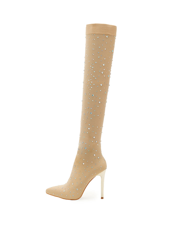 Rhinestone Embellished Stretch Mesh Boots