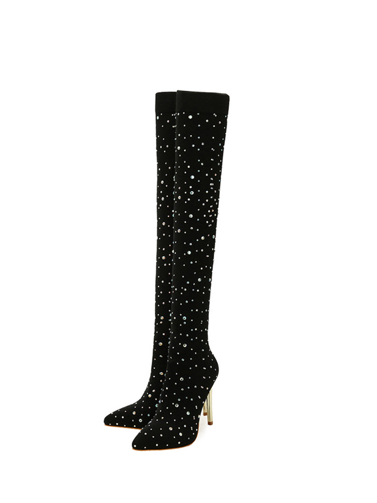 Rhinestone Embellished Stretch Mesh Boots