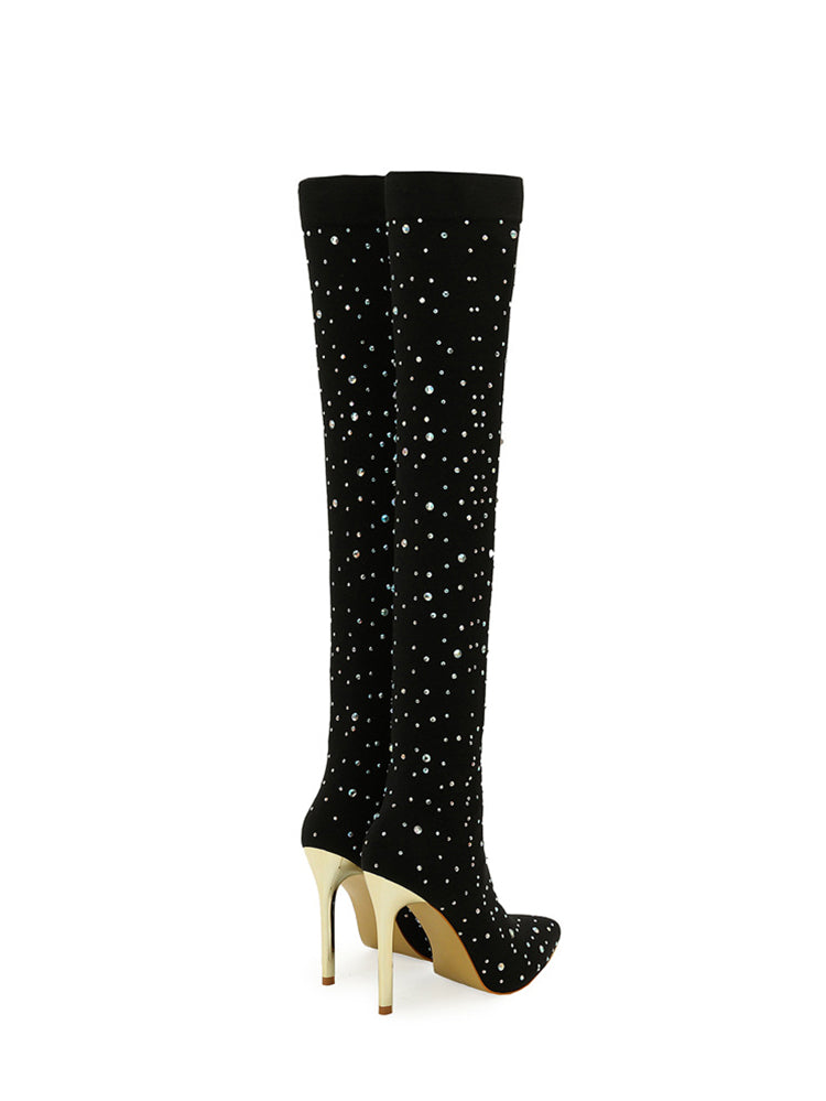 Rhinestone Embellished Stretch Mesh Boots