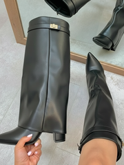 Metal Buckle Pointed Toe Knee High Boots