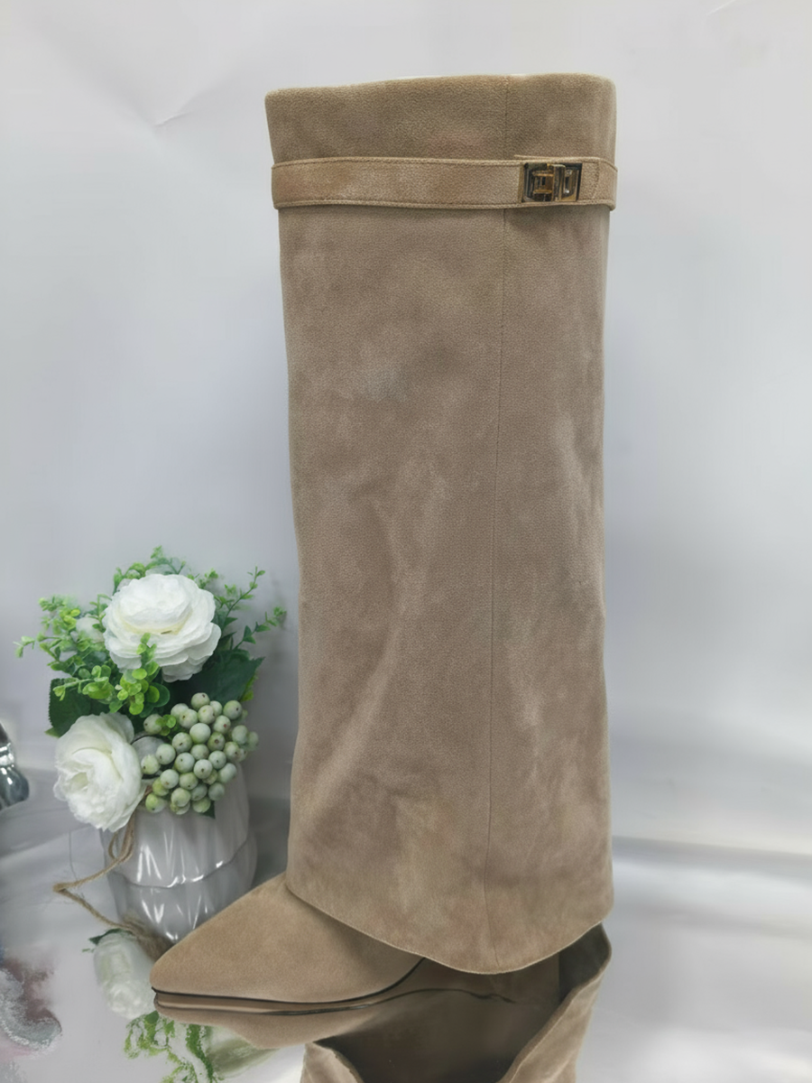 Metal Buckle Pointed Toe Knee High Boots