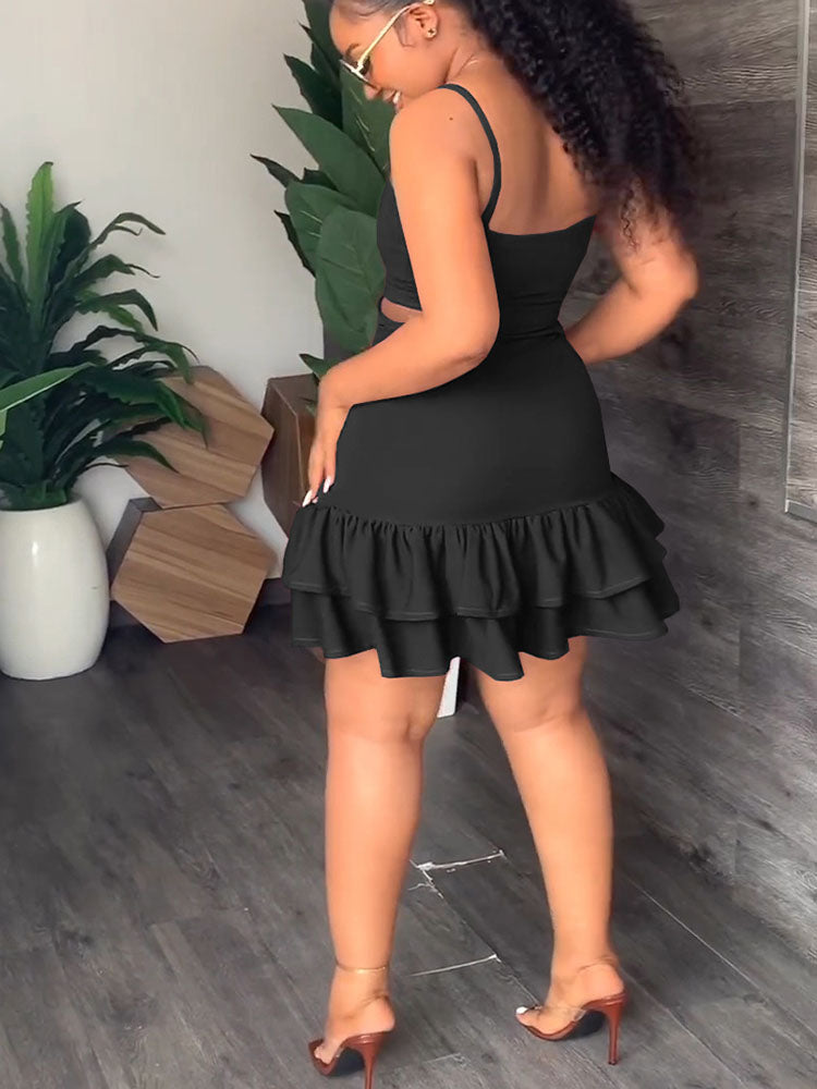 Spaghetti Strap Cut Out Ruffle Mini Dress