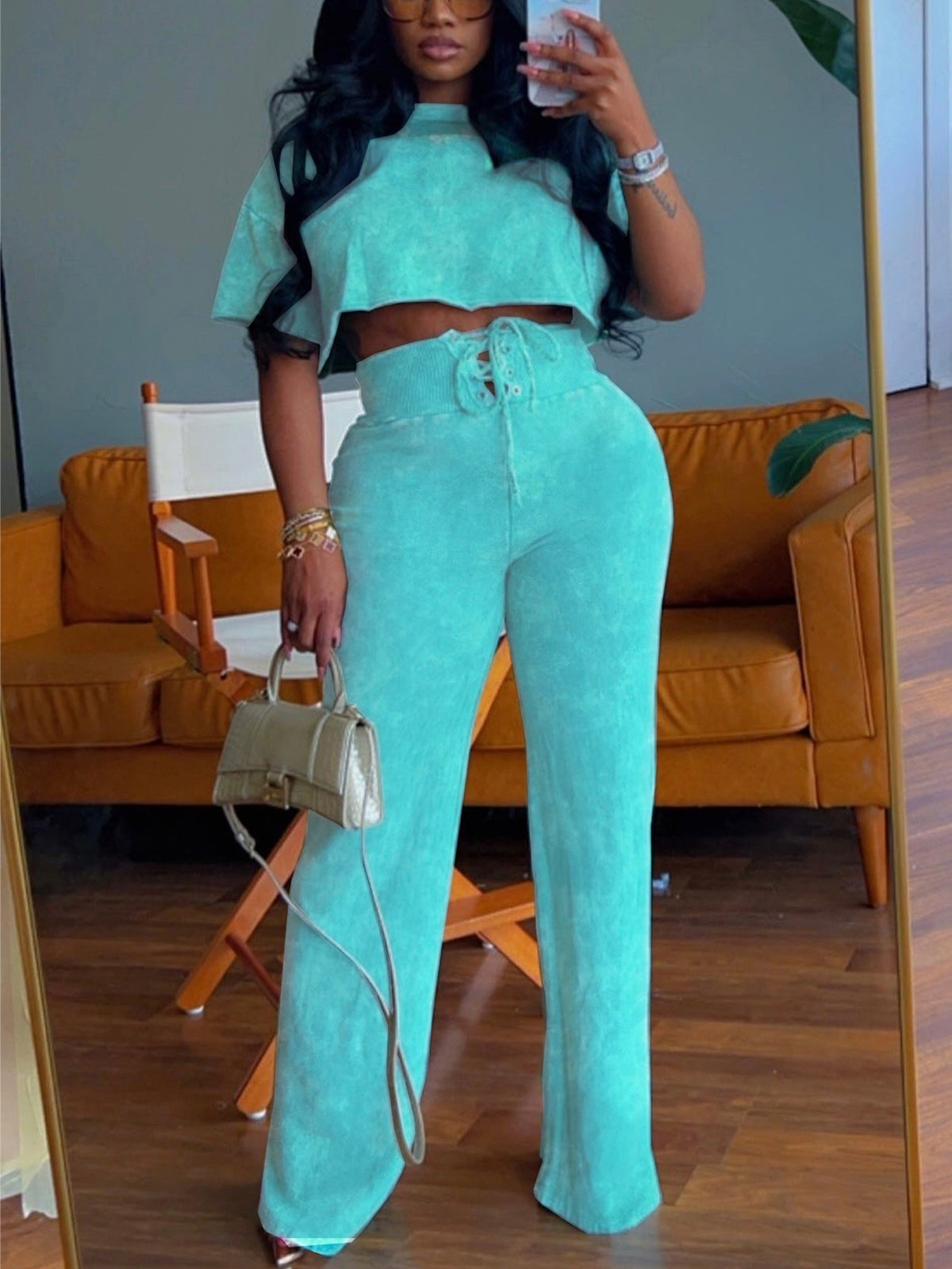 Tie-Dye Short Sleeve Crop Top Tie-Waist Pants Set