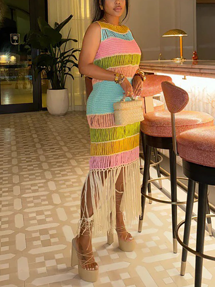 Colorblock Knit Fringe Beach Dress