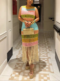 Colorblock Knit Fringe Beach Dress