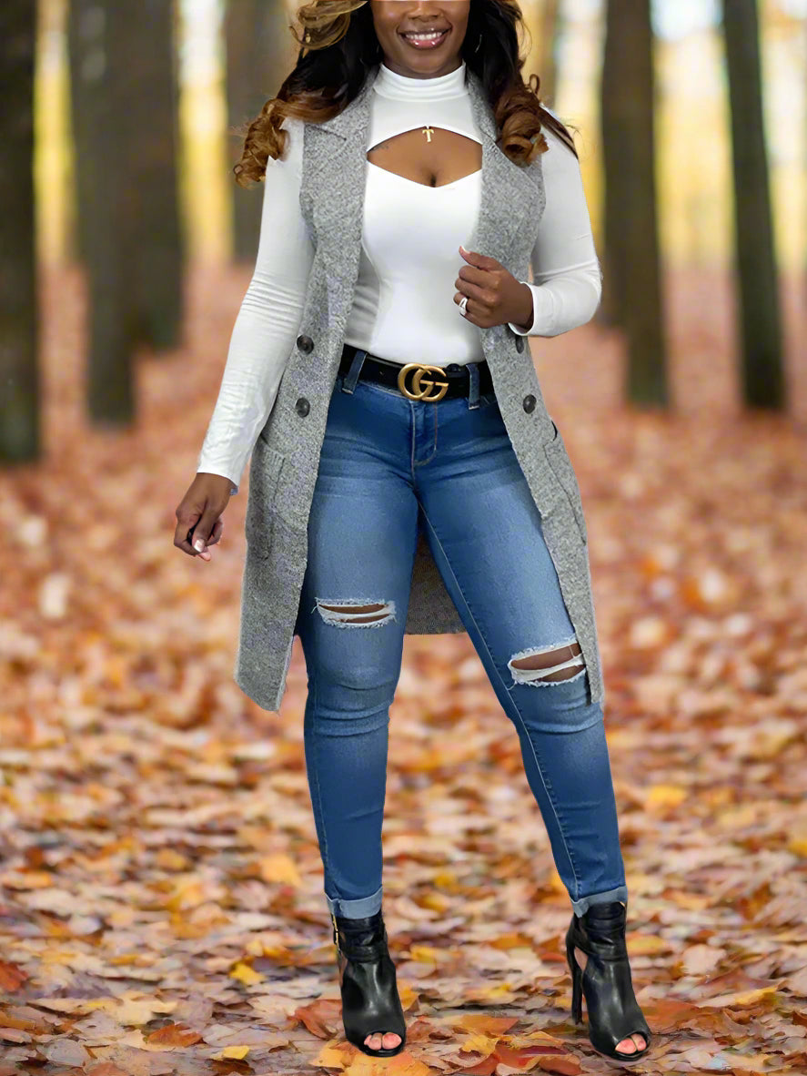 Solid Color Lapel Sleeveless Button Down Vest Jacket