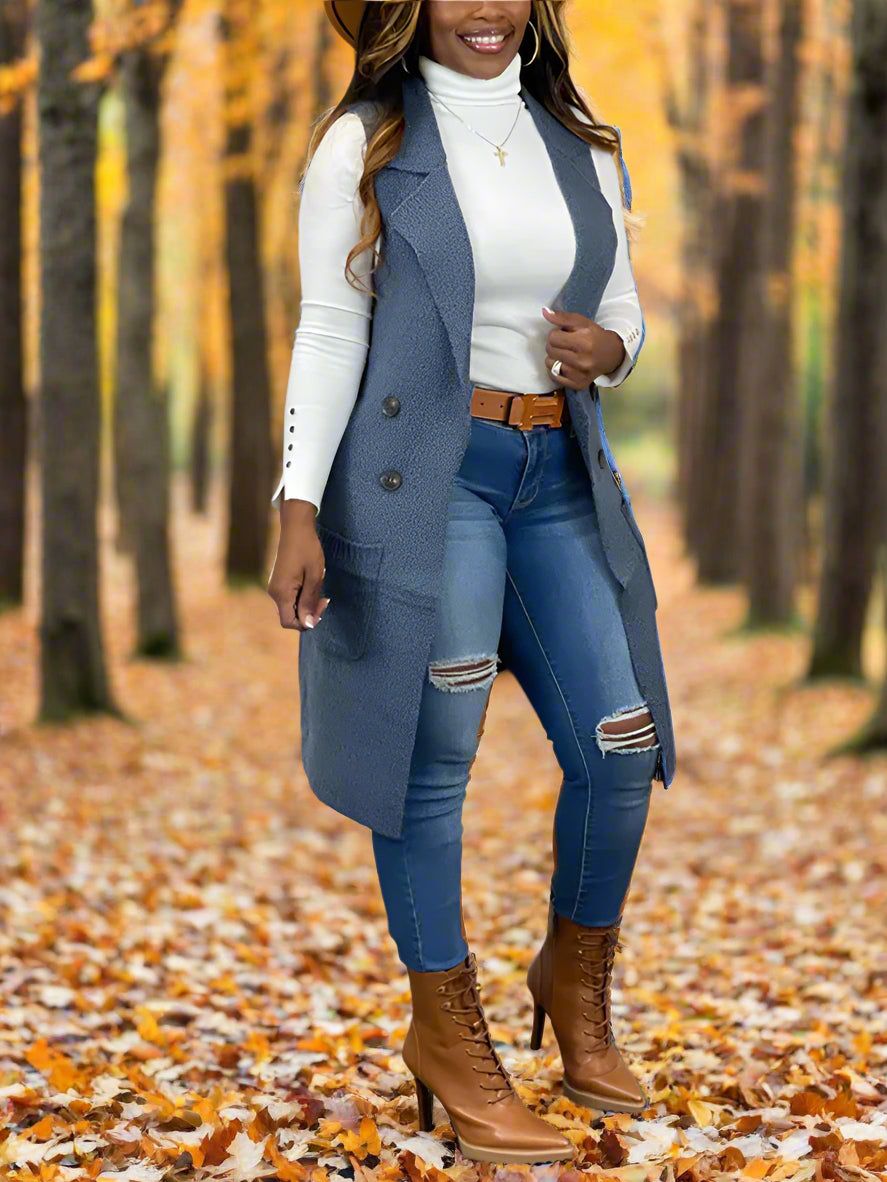 Solid Color Lapel Sleeveless Button Down Vest Jacket