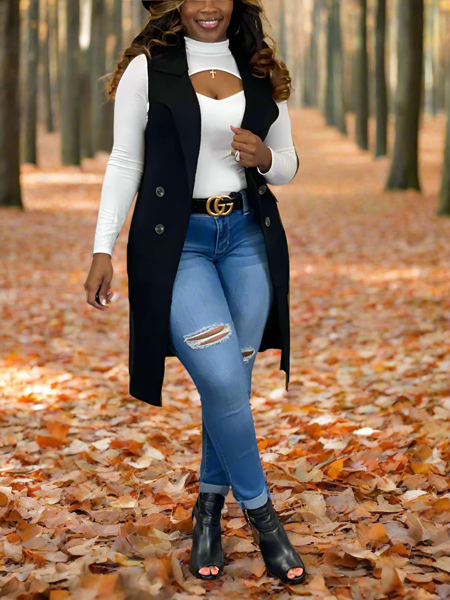 Solid Color Lapel Sleeveless Button Down Vest Jacket