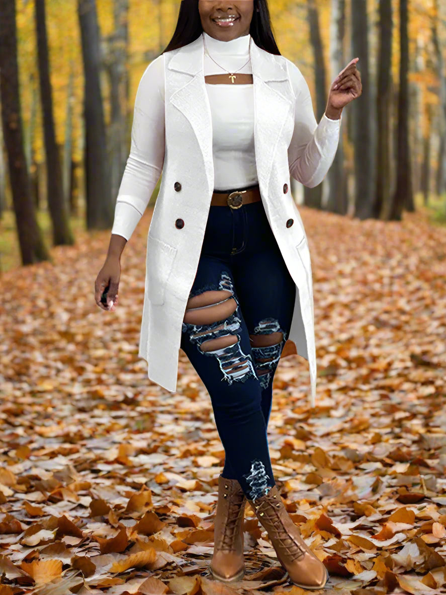 Solid Color Lapel Sleeveless Button Down Vest Jacket