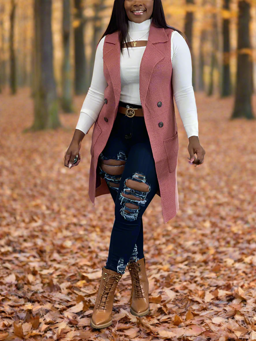 Solid Color Lapel Sleeveless Button Down Vest Jacket