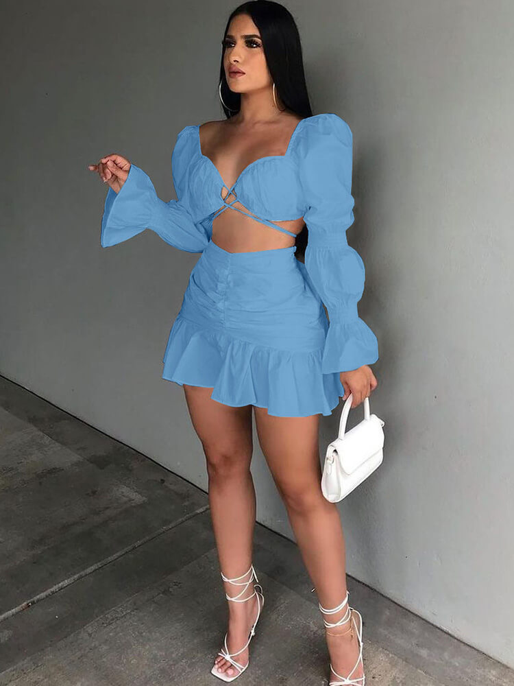 Two Piece Long Puffy Sleeve Top Mni Skirt