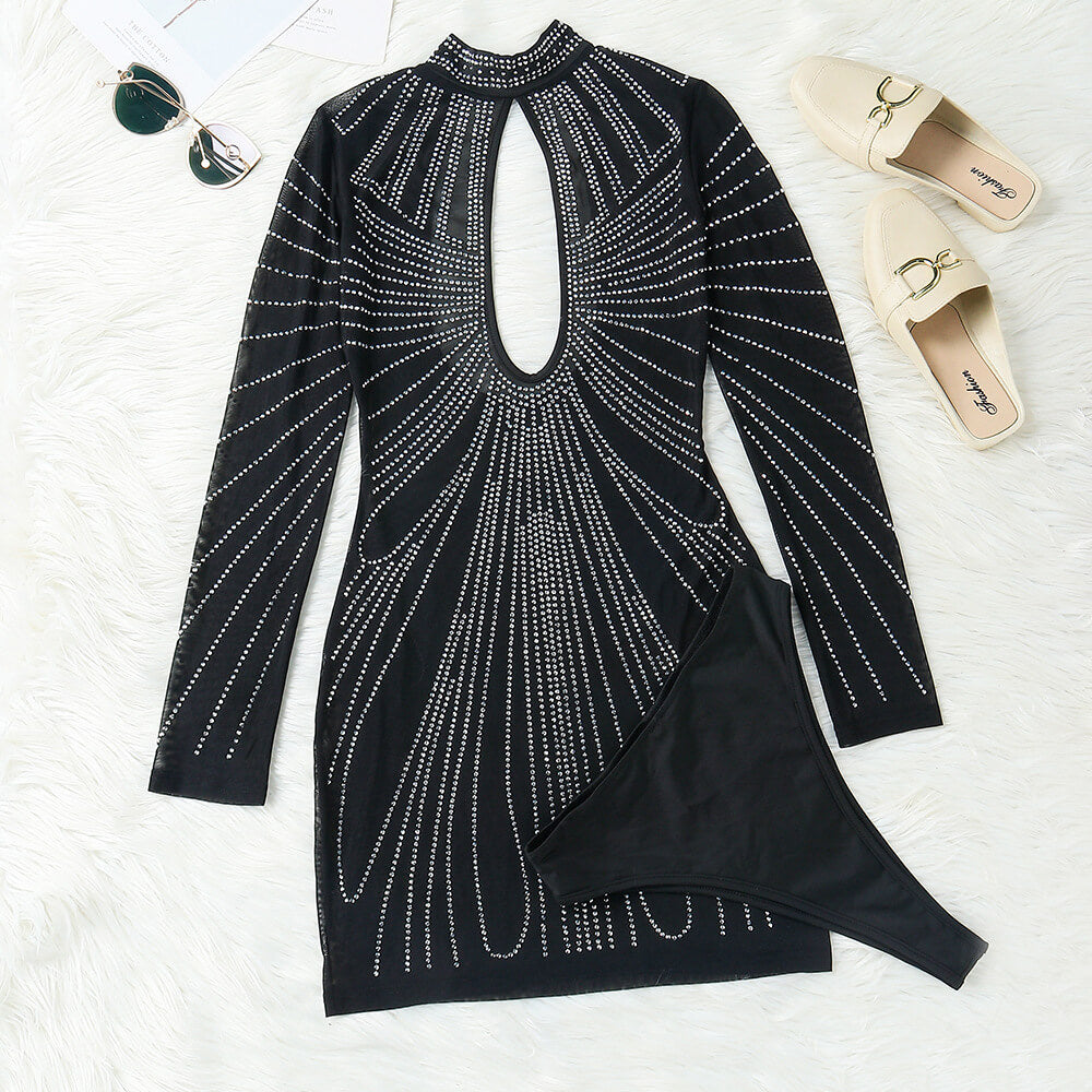 Long Sleeves Cut Out Rhinestone Mesh Mini Dress