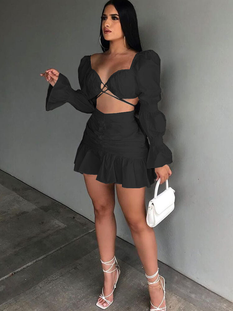 Two Piece Long Puffy Sleeve Top Mni Skirt