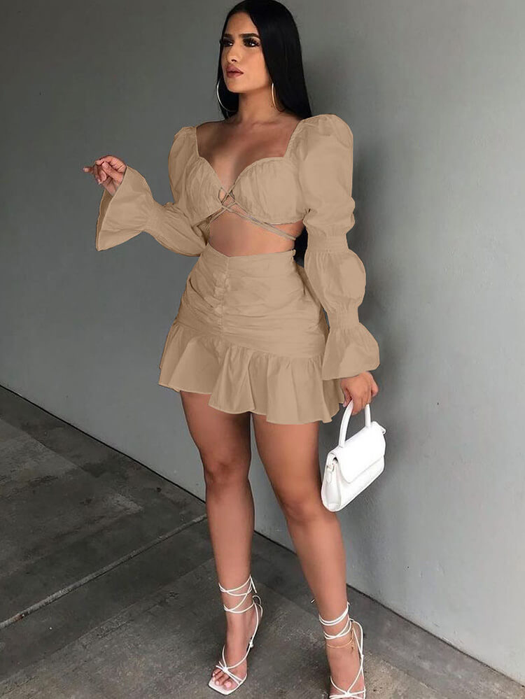Two Piece Long Puffy Sleeve Top Mni Skirt