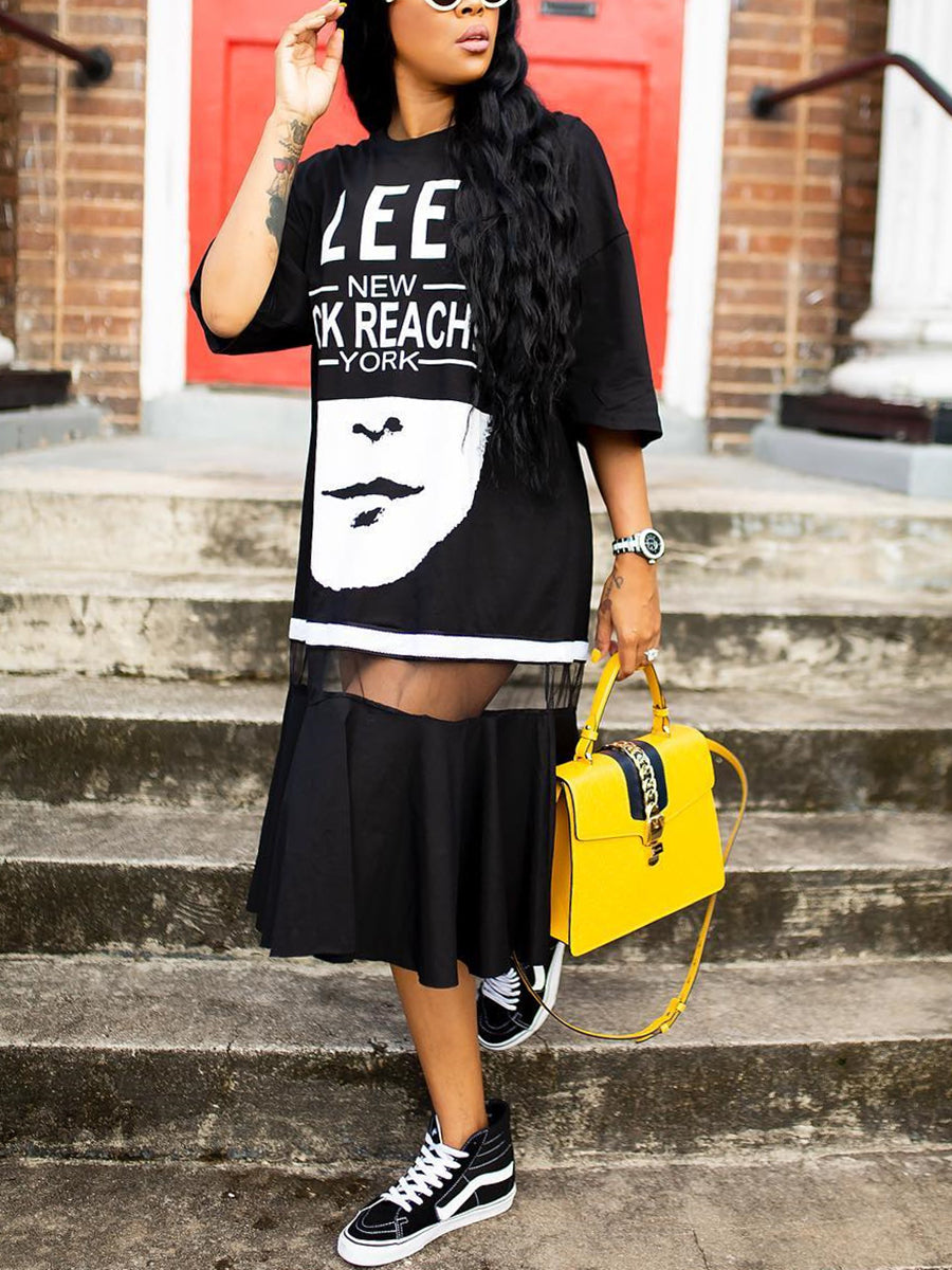 Letter Print Mesh Patchwork Layered T-shirt Dress
