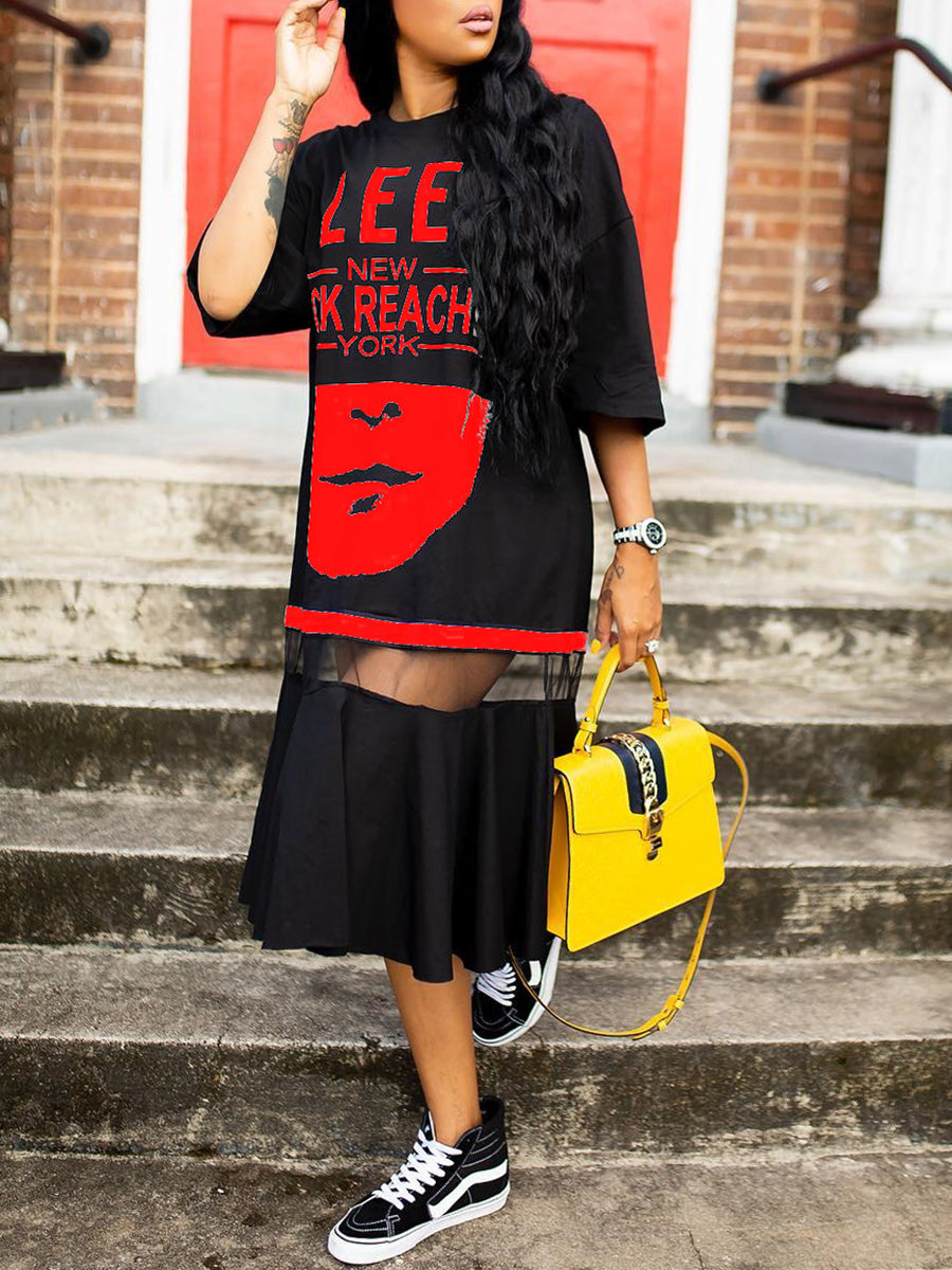 Letter Print Mesh Patchwork Layered T-shirt Dress