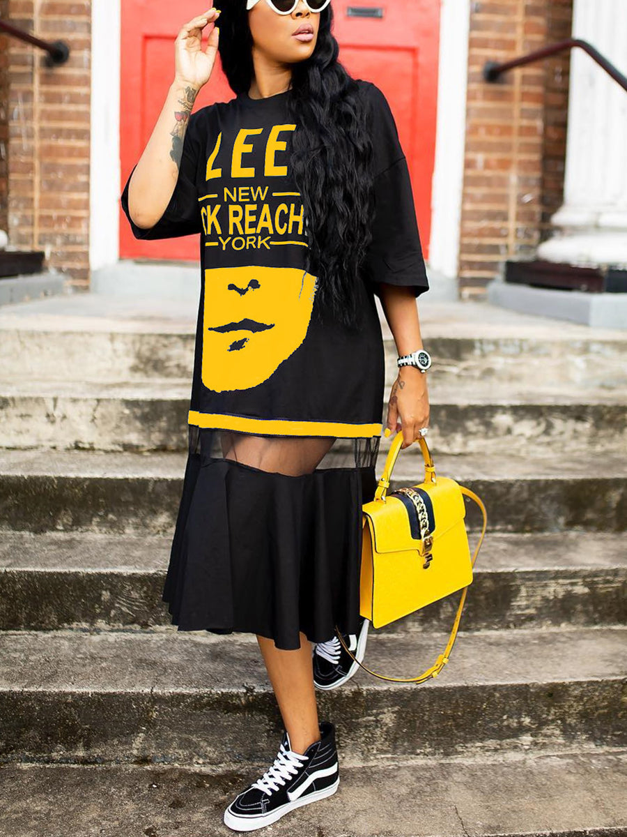 Letter Print Mesh Patchwork Layered T-shirt Dress
